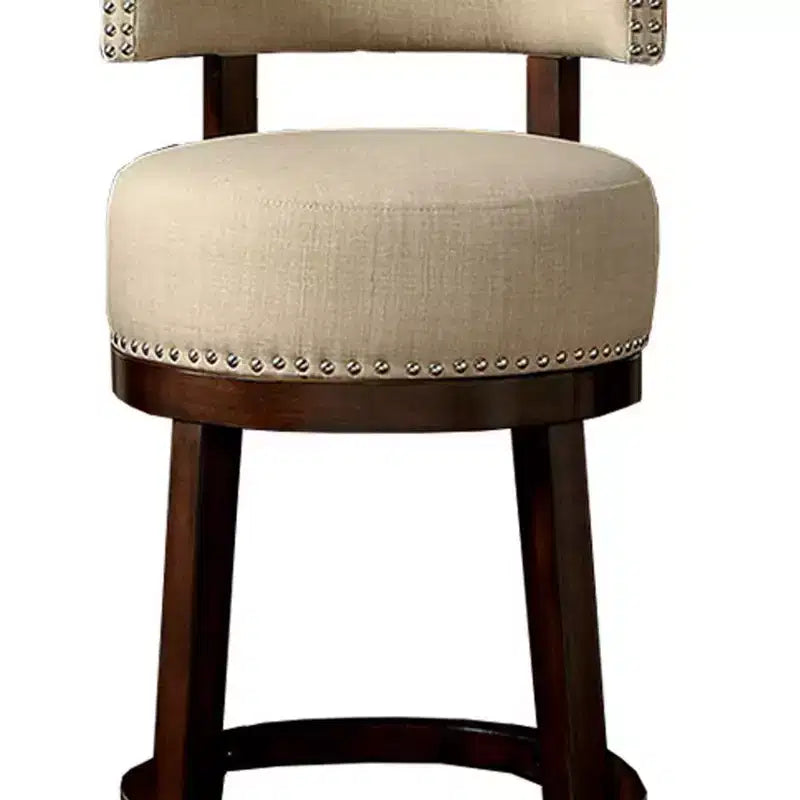 Round Upholstered Bar Stool with Wood Frame, Beige, Set of 2