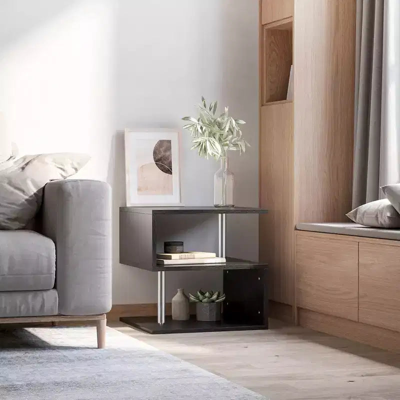 S-Shaped 3-Tier End Table with Steel Poles and Storage Shelves