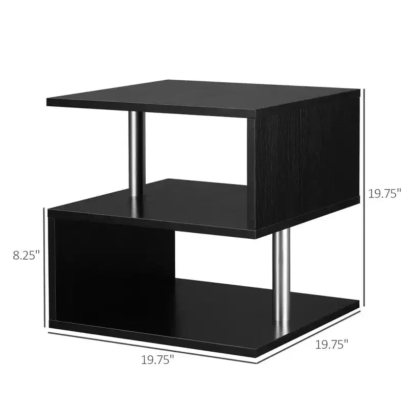 S-Shaped 3-Tier End Table with Steel Poles and Storage Shelves