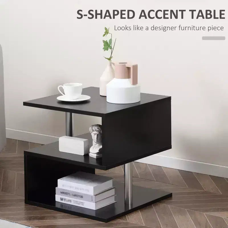 S-Shaped 3-Tier End Table with Steel Poles and Storage Shelves