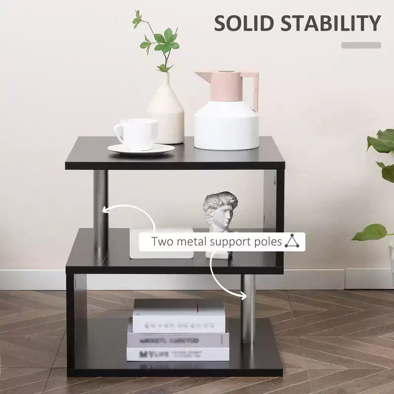 S-Shaped 3-Tier End Table with Steel Poles and Storage Shelves