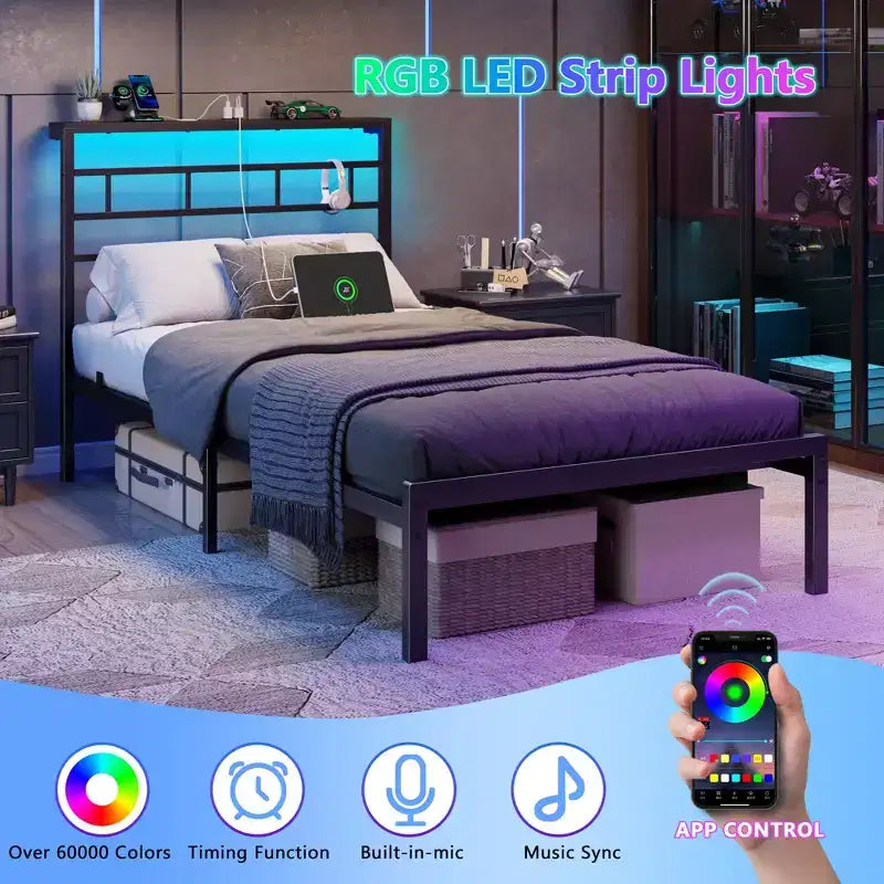 Twin Bed Frame with LED Lights and Charging Station