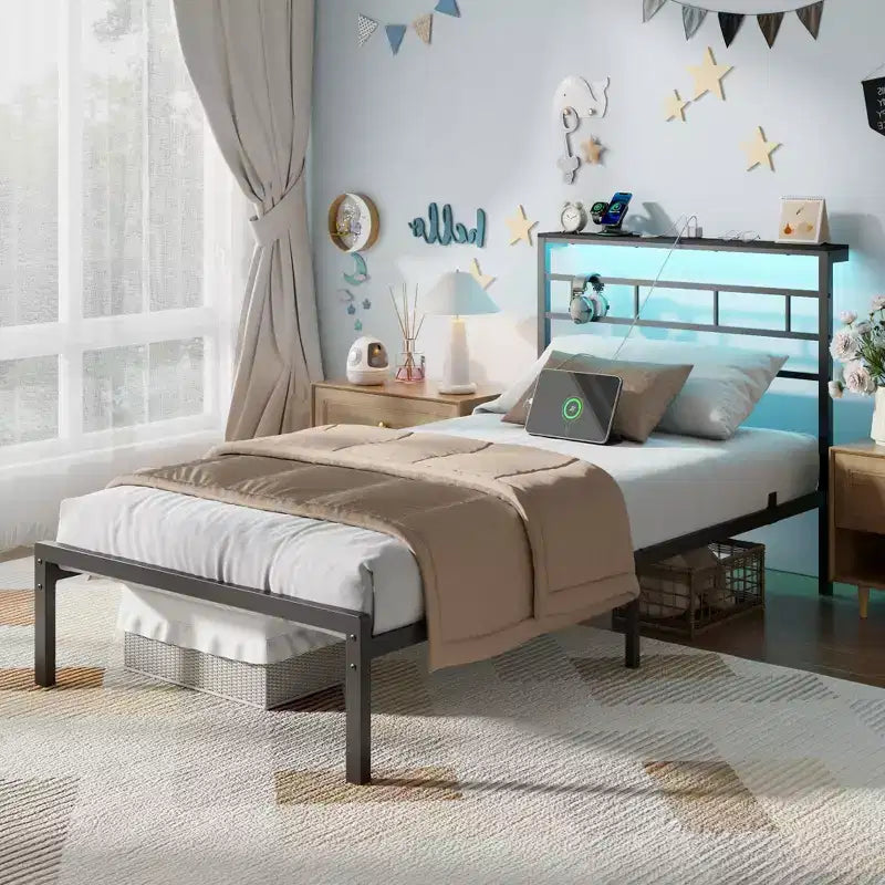 Twin Bed Frame with LED Lights and Charging Station