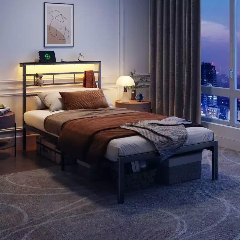 Twin Bed Frame with LED Lights and Charging Station