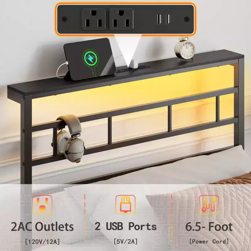 Twin Bed Frame with LED Lights and Charging Station