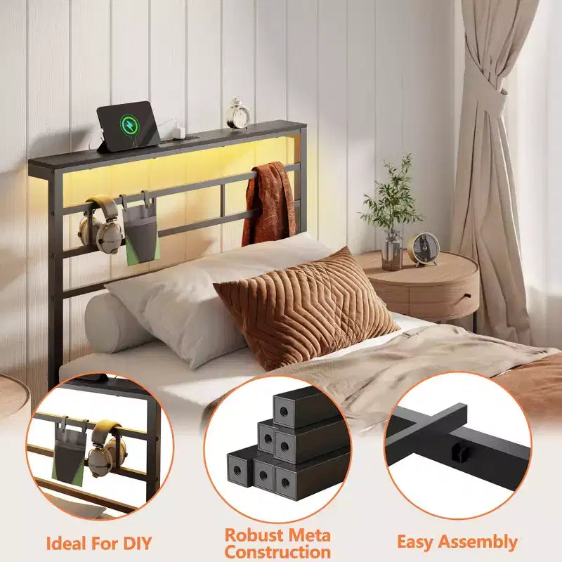 Twin Bed Frame with LED Lights and Charging Station