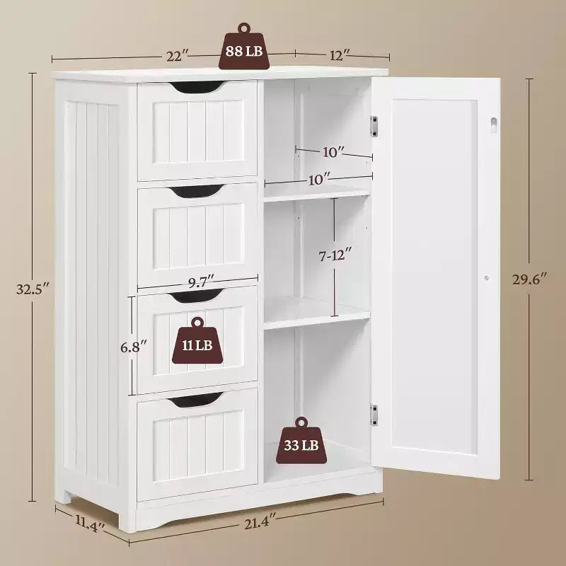 4-Drawer Floor Storage Cabinet with Single-Door Cupboard