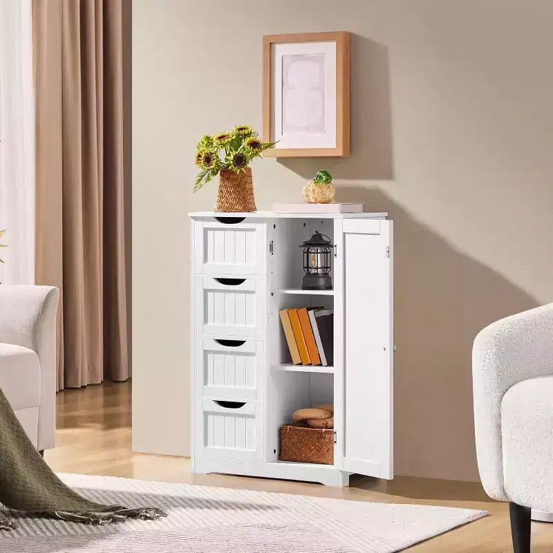 4-Drawer Floor Storage Cabinet with Single-Door Cupboard