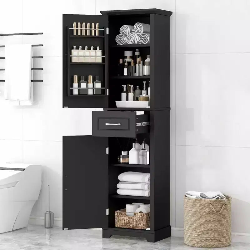 Tall Bathroom Cabinet with 2 Doors, Adjustable Shelves and Door Shelf, MDF, Black
