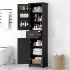 Mobiletto bagno alto con 2 ante, ripiani regolabili e mensola a muro, MDF, Nero