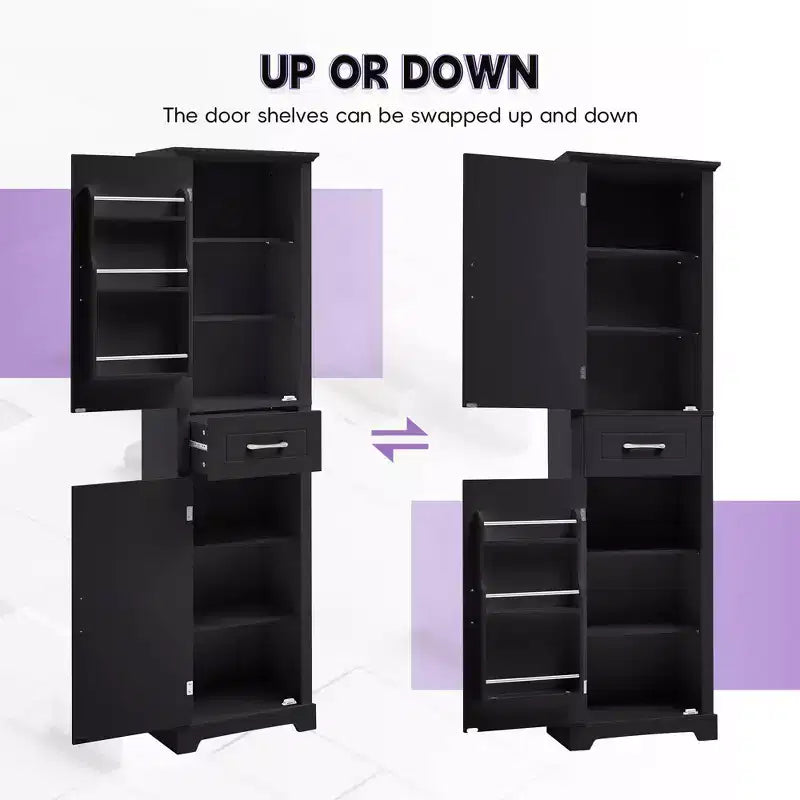 Tall Bathroom Cabinet with 2 Doors, Adjustable Shelves and Door Shelf, MDF, Black