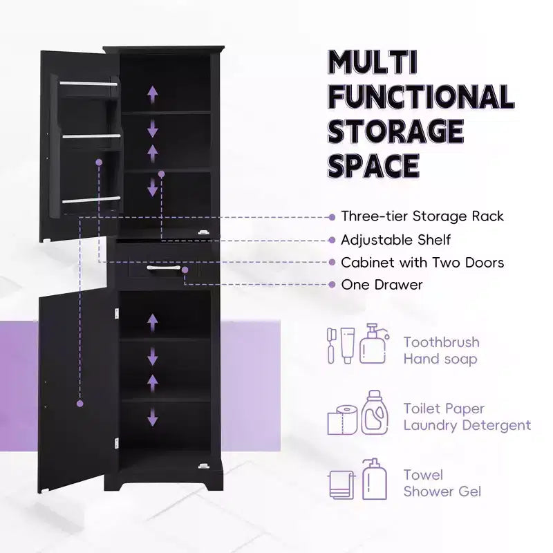 Tall Bathroom Cabinet with 2 Doors, Adjustable Shelves and Door Shelf, MDF, Black