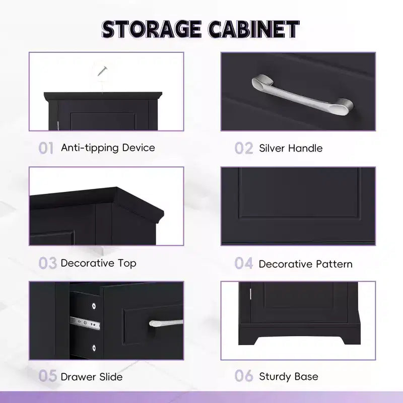 Tall Bathroom Cabinet with 2 Doors, Adjustable Shelves and Door Shelf, MDF, Black