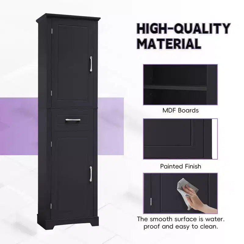 Tall Bathroom Cabinet with 2 Doors, Adjustable Shelves and Door Shelf, MDF, Black
