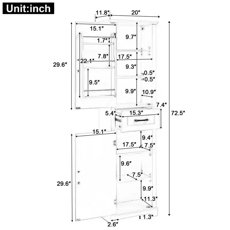 Tall Bathroom Cabinet with 2 Doors, Adjustable Shelves and Door Shelf, MDF, Black