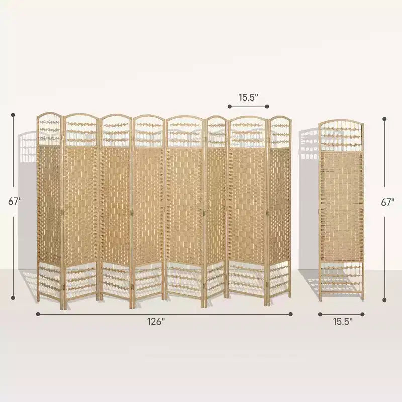 8-Panel Folding Room Divider with Woven Fiber Panels