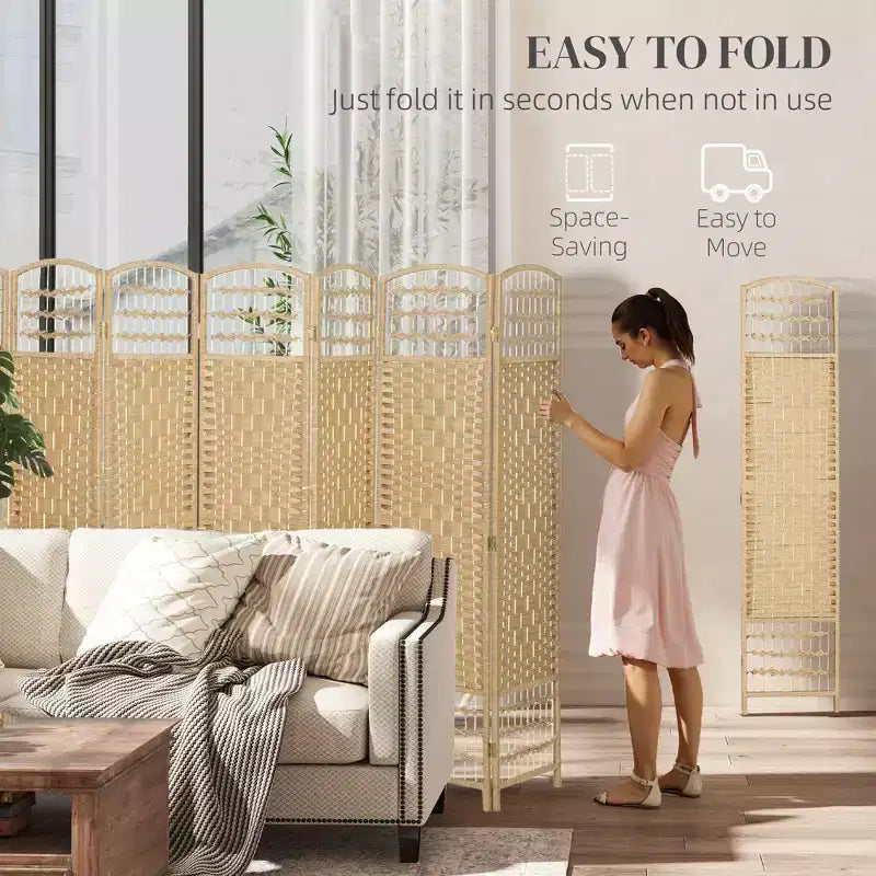 8-Panel Folding Room Divider with Woven Fiber Panels