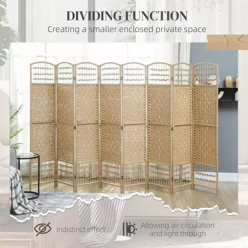 8-Panel Folding Room Divider with Woven Fiber Panels
