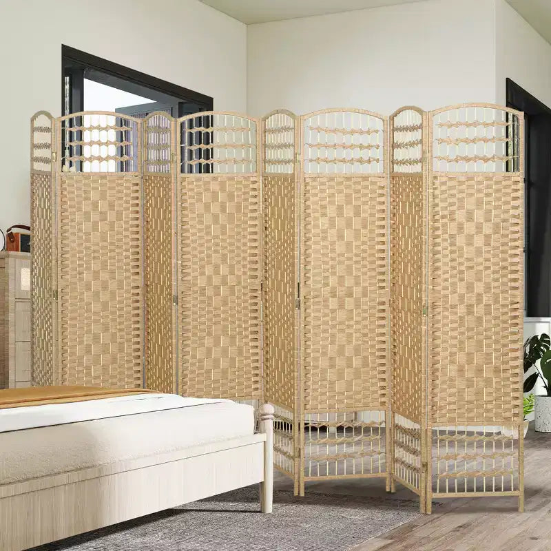 8-Panel Folding Room Divider with Woven Fiber Panels