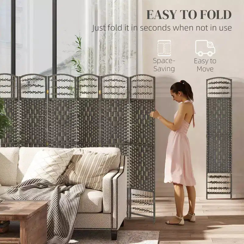 8-Panel Folding Room Divider with Woven Fiber Panels