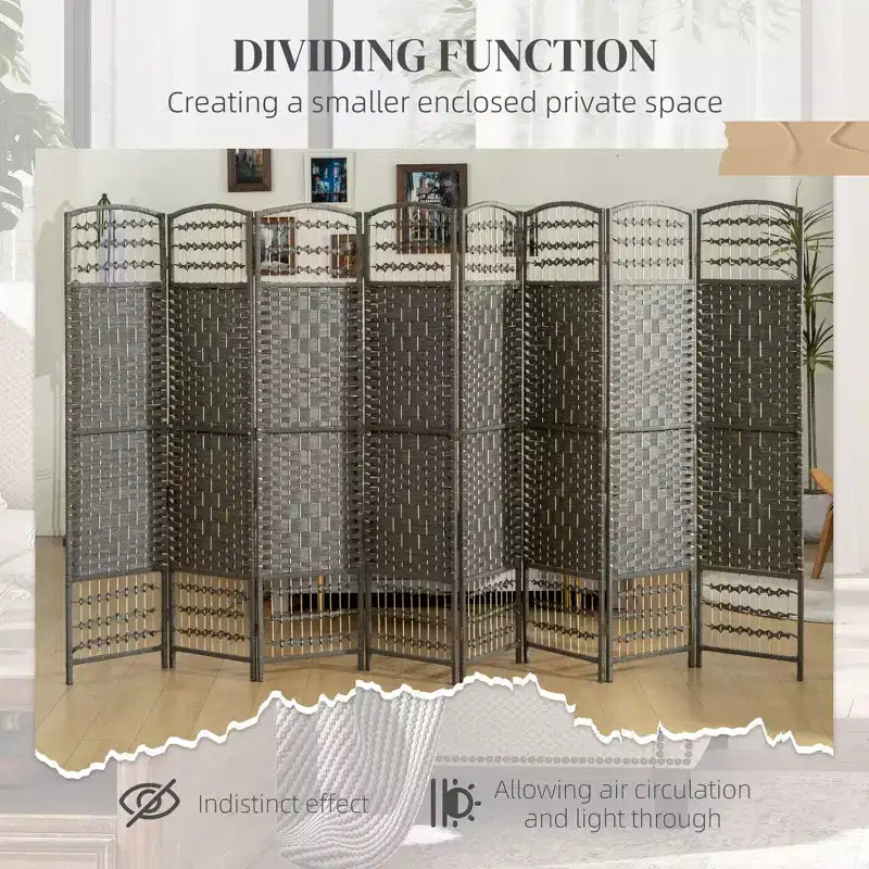 8-Panel Folding Room Divider with Woven Fiber Panels