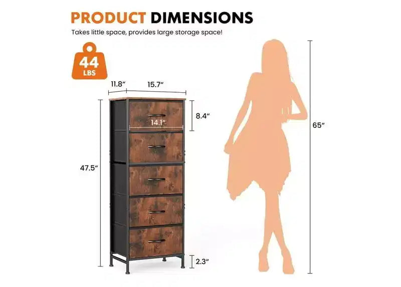 5-Drawer Fabric Dresser with Metal Frame and Wooden Top