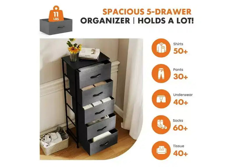 5-Drawer Fabric Dresser with Metal Frame and Wooden Top