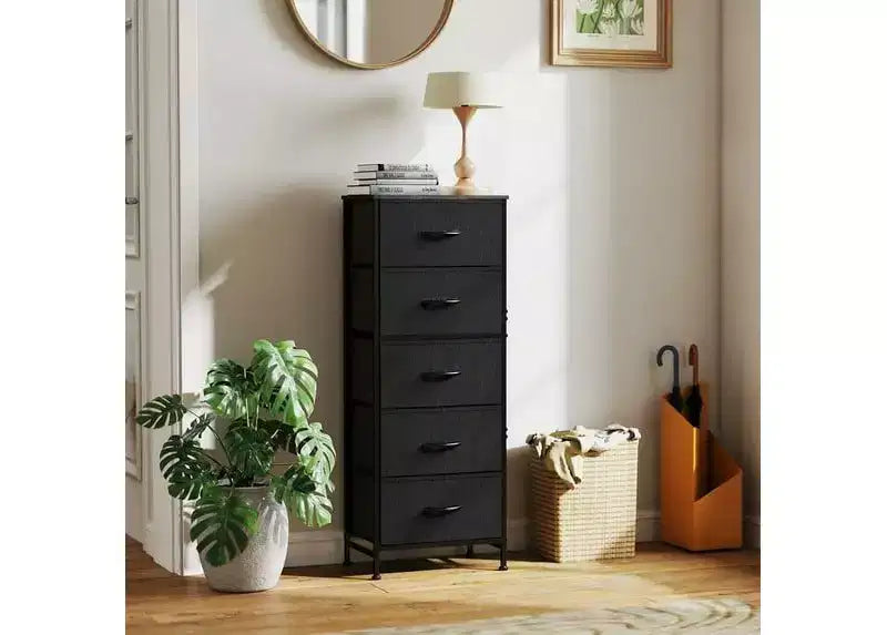 JIONJOY 5-Drawer Fabric Dresser - Metal Frame, Wooden Top TV Stand for Clothes Storage (Living Room Hallway Entryway)