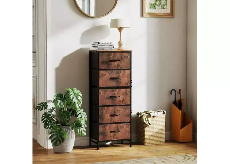 5-Drawer Fabric Dresser with Metal Frame and Wooden Top