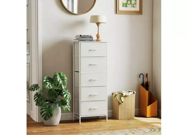 5-Drawer Fabric Dresser with Metal Frame and Wooden Top