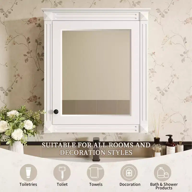 27 Inch Wall Mounted Bathroom Mirror Cabinet with Adjustable Shelf, White