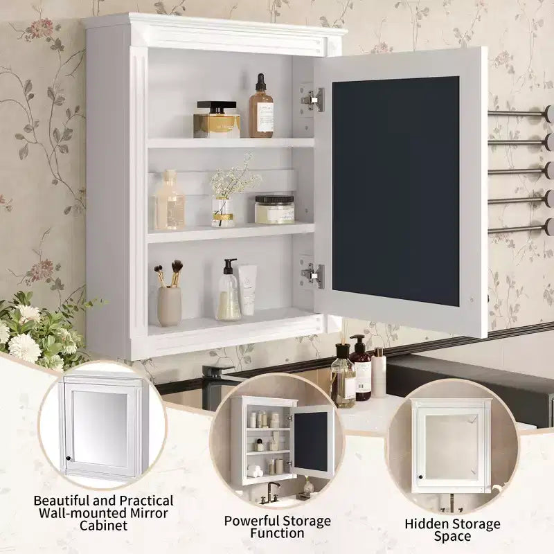 27 Inch Wall Mounted Bathroom Mirror Cabinet with Adjustable Shelf, White