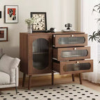 Mobiletto vintage in legno e vetro con 3 cassetti e 1 anta