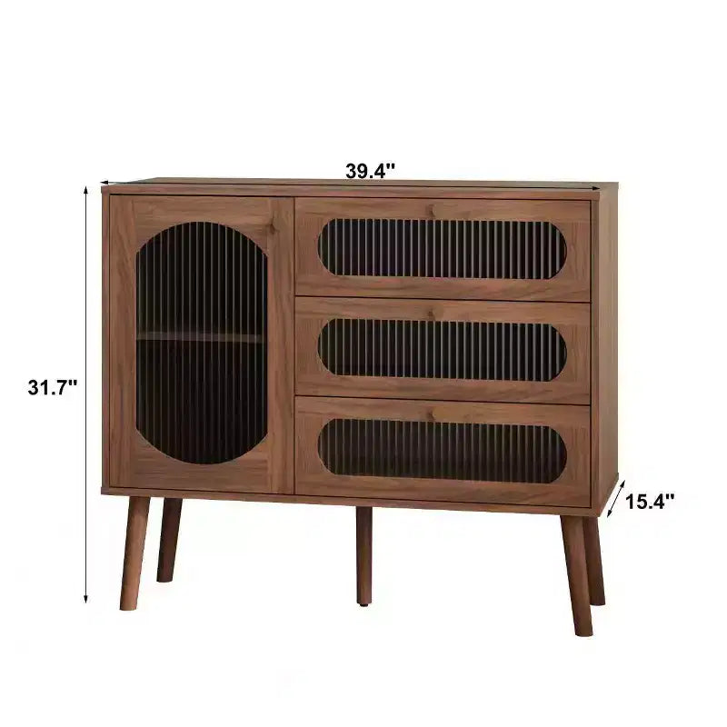 Vintage Wooden Glass Accent Cabinet with 3 Drawers and 1 Door