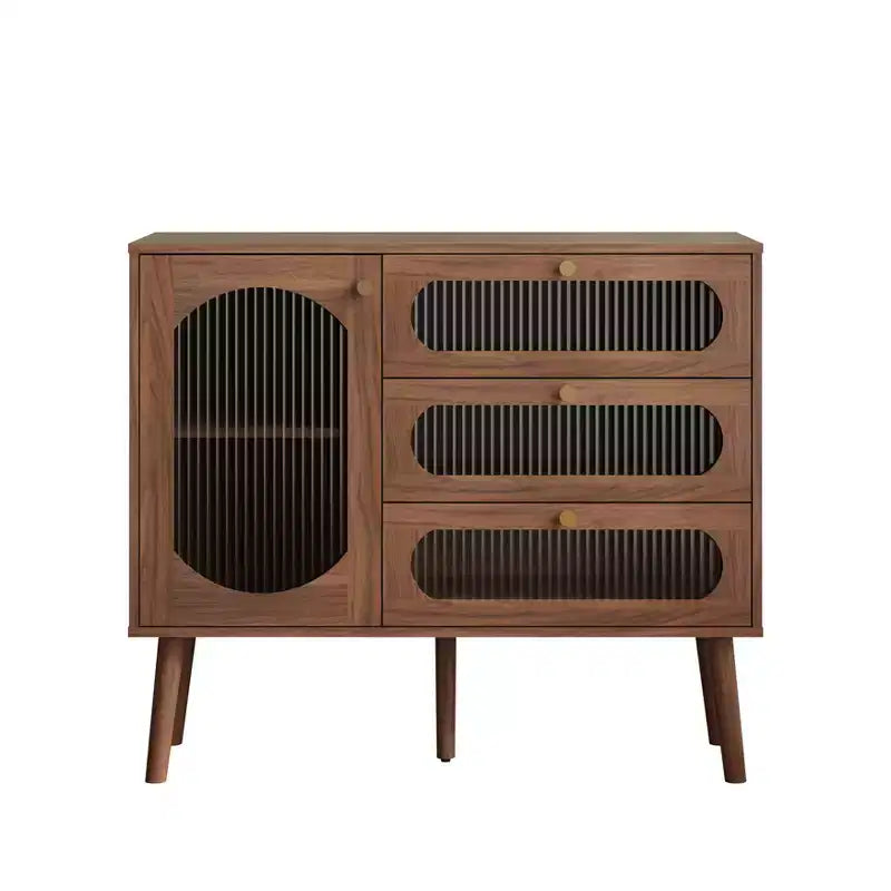 Vintage Wooden Glass Accent Cabinet with 3 Drawers and 1 Door