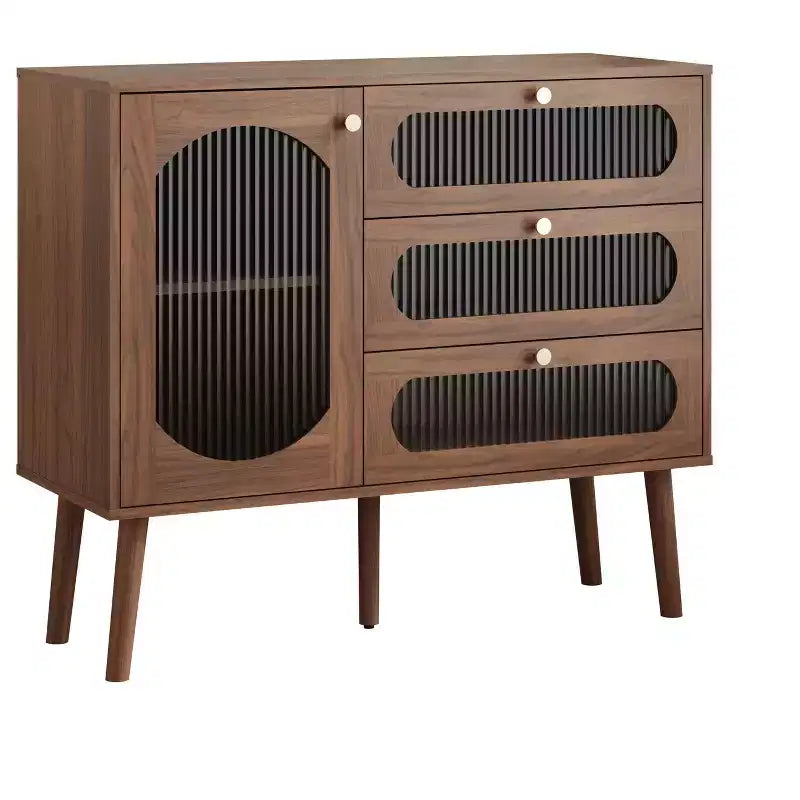 Vintage Wooden Glass Accent Cabinet with 3 Drawers and 1 Door