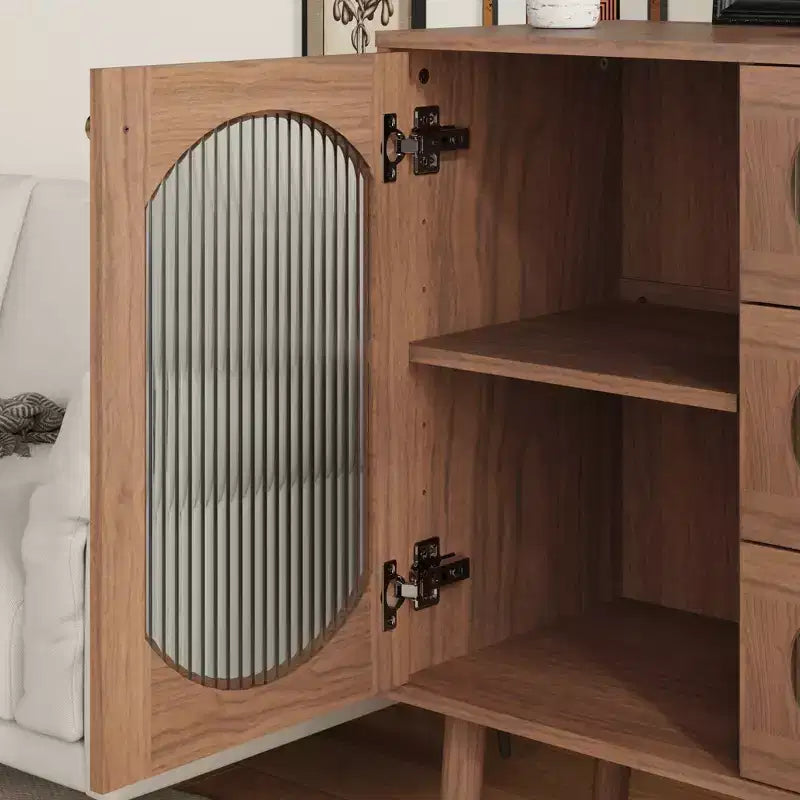 Vintage Wooden Glass Accent Cabinet with 3 Drawers and 1 Door