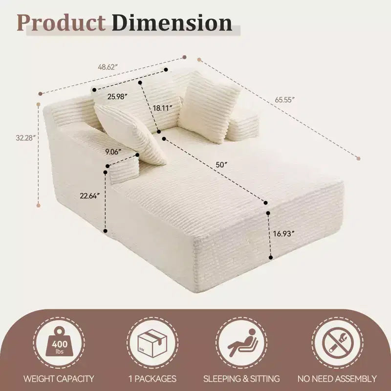 66in x 48in Indoor Chaise Lounge Chair, Upholstered Corduroy Deep Seat Sofa with Armrests, No Assembly Required, Beige