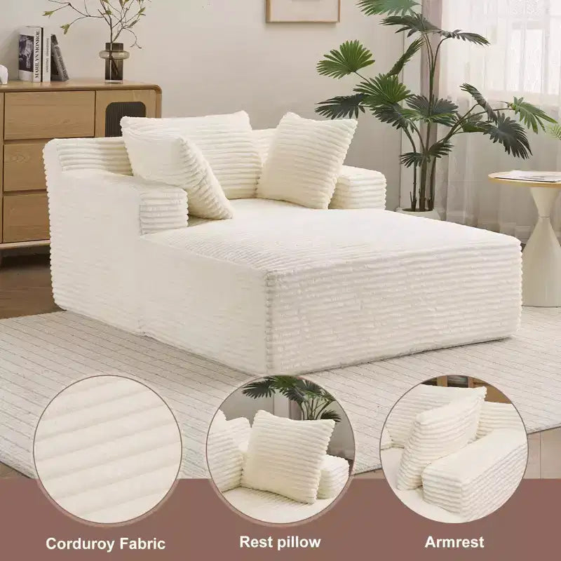 66in x 48in Indoor Chaise Lounge Chair, Upholstered Corduroy Deep Seat Sofa with Armrests, No Assembly Required, Beige