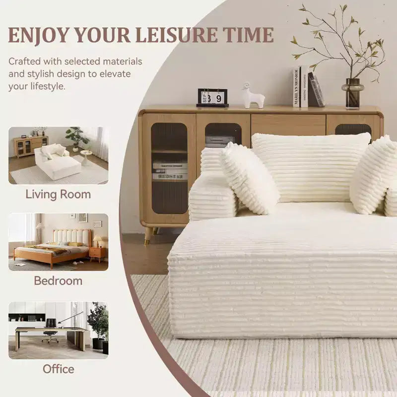 66in x 48in Indoor Chaise Lounge Chair, Upholstered Corduroy Deep Seat Sofa with Armrests, No Assembly Required, Beige