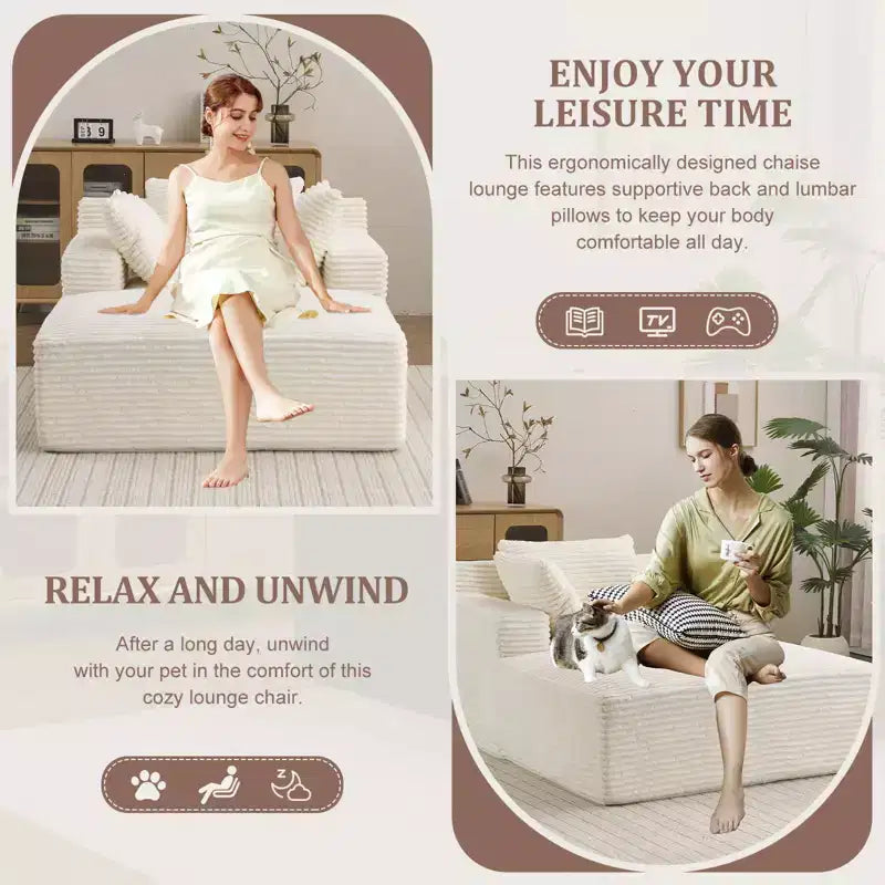 66in x 48in Indoor Chaise Lounge Chair, Upholstered Corduroy Deep Seat Sofa with Armrests, No Assembly Required, Beige