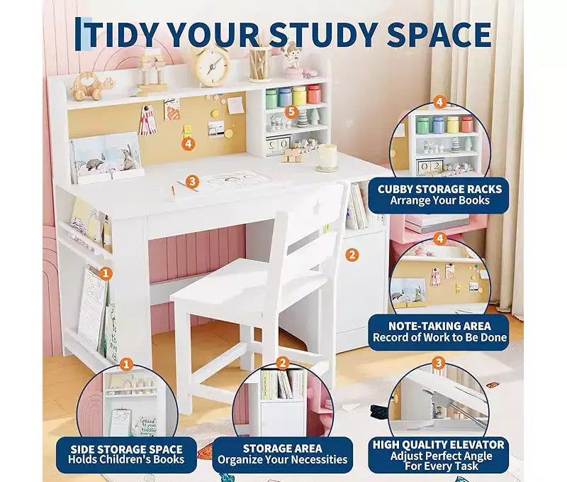 Kids Study Desk and Chair Set with Storage and Tiltable Desktop