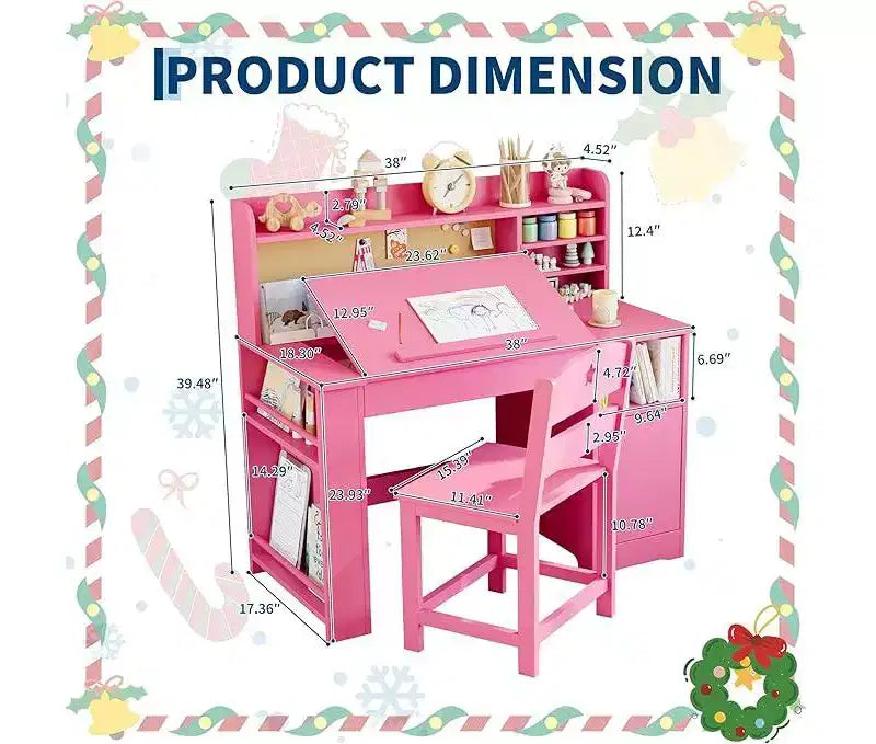Kids Study Desk and Chair Set with Storage and Tiltable Desktop
