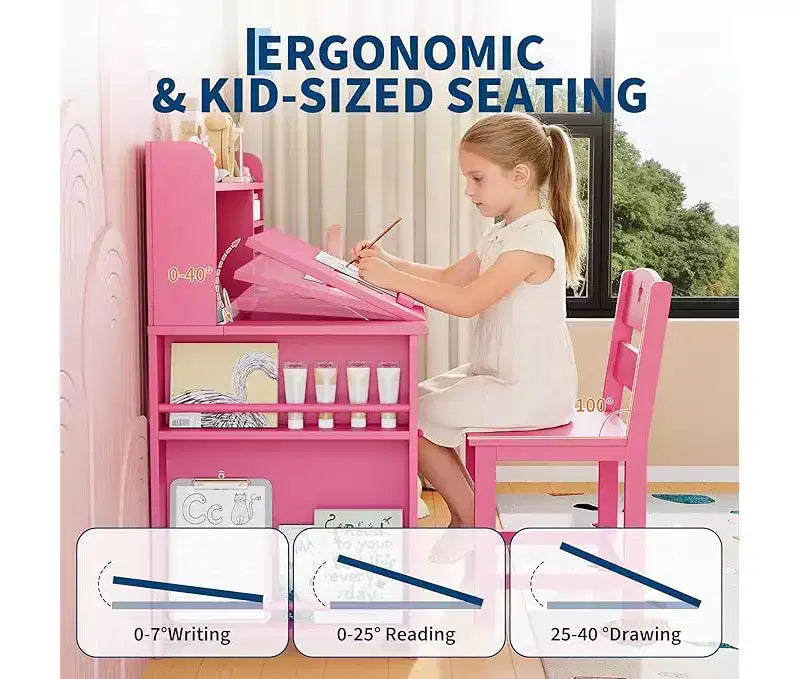 Kids Study Desk and Chair Set with Storage and Tiltable Desktop
