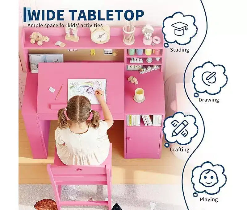 Kids Study Desk and Chair Set with Storage and Tiltable Desktop