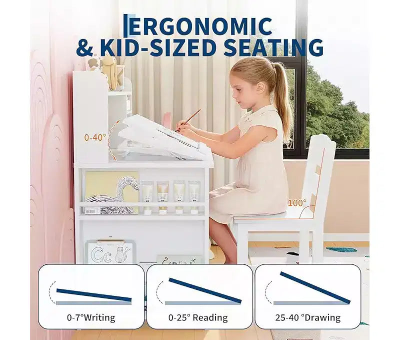 Kids Study Desk and Chair Set with Storage and Tiltable Desktop