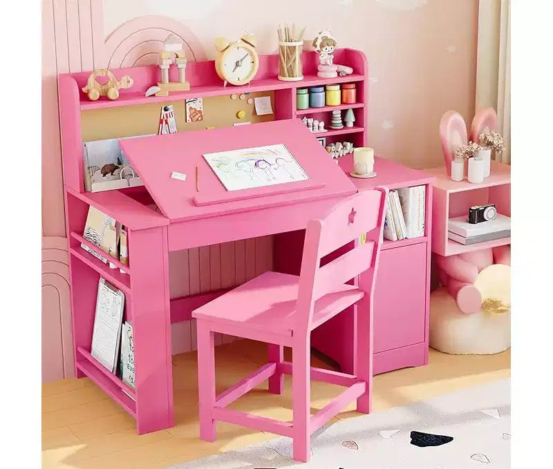 Kids Study Desk & Chair Set with Storage, Kids Study Desk with Hutch and Tiltable, Wooden Children Table with Storage Cabinet