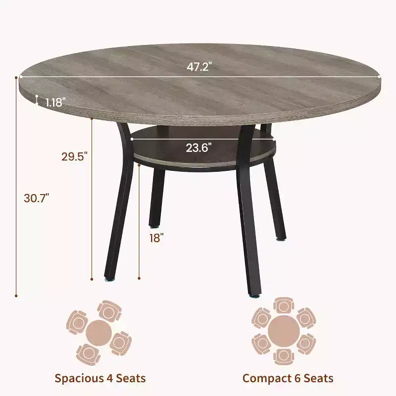 47-Inch Round Dining Table with Storage Shelf and Metal Legs