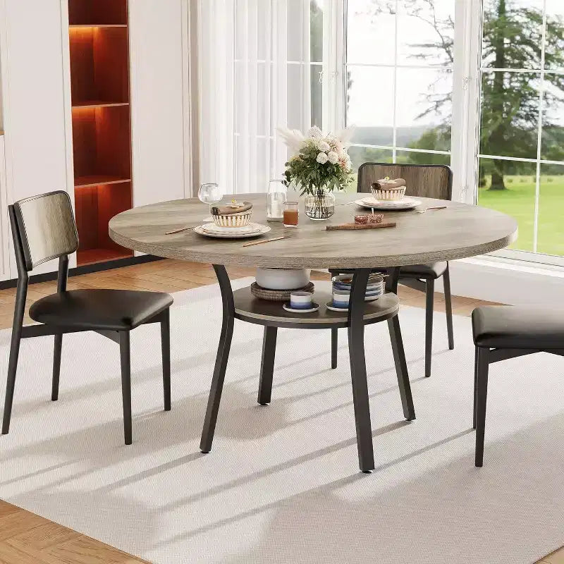 47-Inch Round Dining Table with Storage Shelf and Metal Legs