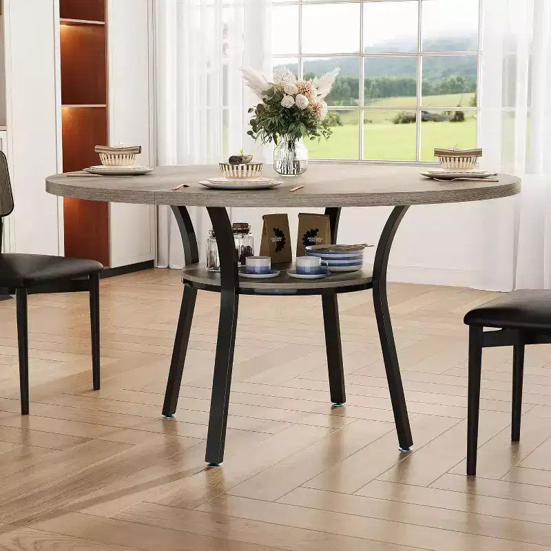 47-Inch Round Dining Table with Storage Shelf and Metal Legs